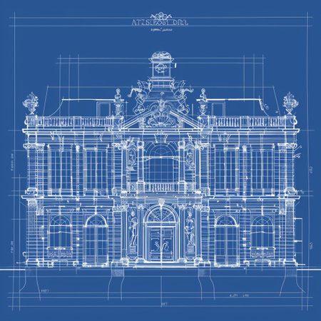 Architectural drawing of the facade of the building. Drawing on blue backgroundの素材