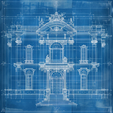 Architectural drawing of an old building on a blue background.の素材