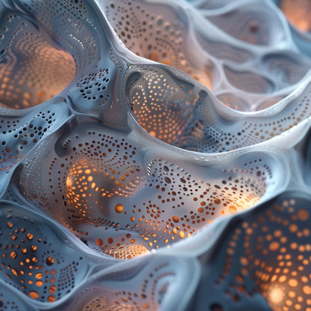 Abstract 3d rendering of chaotic structure. Futuristic background with glowing particles.の素材