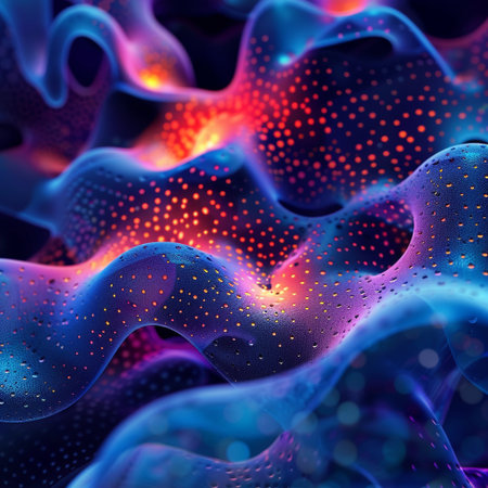 3d rendering of abstract wavy background with glowing particles in spaceの素材