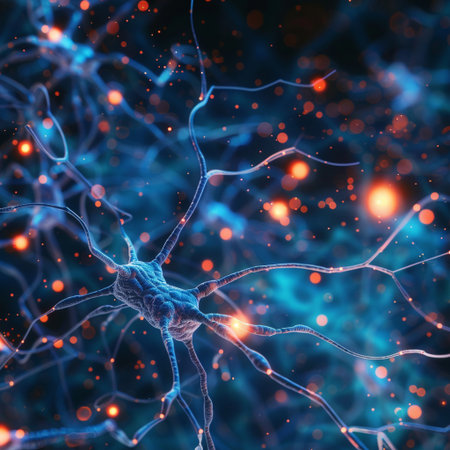 Neuron cell, 3D illustration. Neuron cell with neurons and nervous system. Neuron cell close upの素材