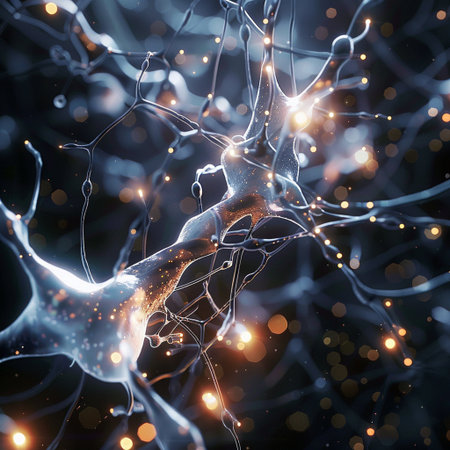 3d render of neuron cell with light effects on black background.の素材