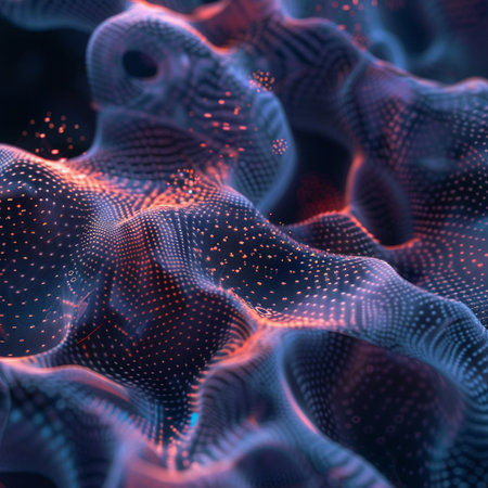 Abstract 3d rendering of blue particles. Futuristic background with dynamic waves.の素材