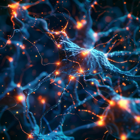 Neuron cell with glowing particles. 3d rendering, 3d illustration.の素材