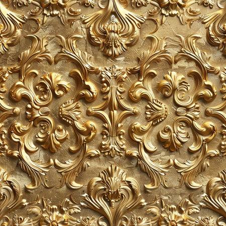 golden seamless texture with floral ornament, close-up, backgroundの素材