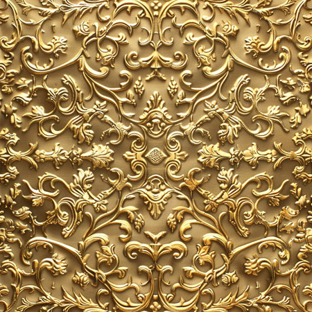 golden floral pattern on the wall of the temple in thailandの素材