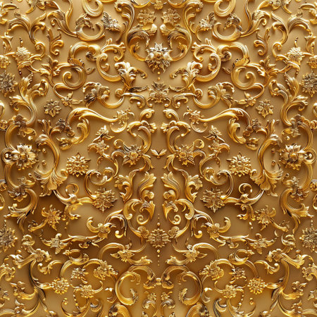 Seamless texture of gold vintage ornament on the wall for backgroundの素材