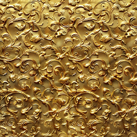 golden floral pattern on the wall of an ancient temple in Thailandの素材