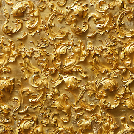 golden floral ornament on the wall, close up of gold backgroundの素材