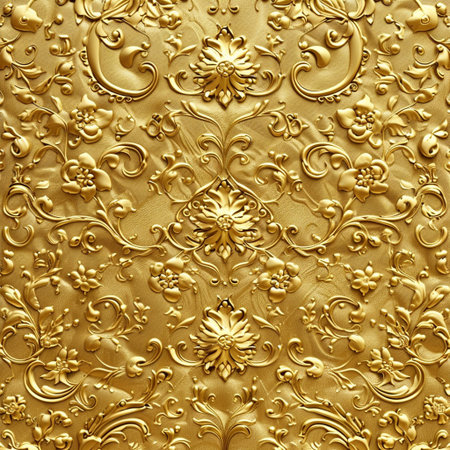 golden background with ornaments and floral pattern, Thailand.の素材