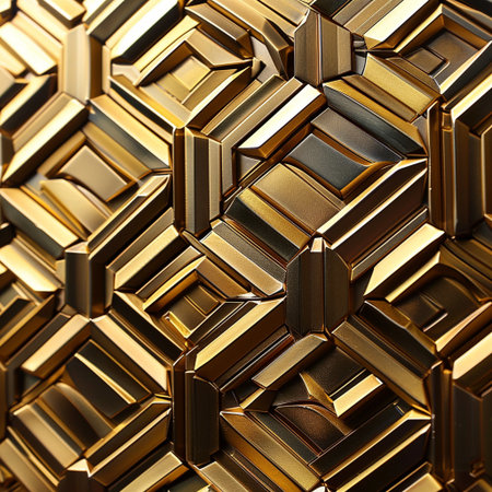 3d rendering of abstract metallic background with hexagons in gold colorの素材