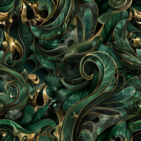 Seamless pattern with green leaves and curls. Textured background.の素材