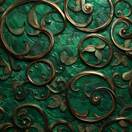 Pattern of gold metal on green wall. 3d rendering. Computer digital drawing.の素材