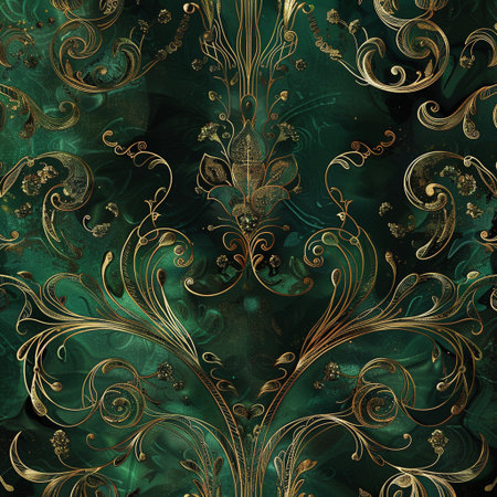 Seamless pattern with gold baroque ornament on green background. Vintage styles.の素材