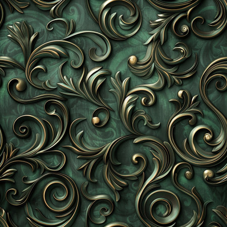 3D render of green background with gold ornament and pearl swirlsの素材