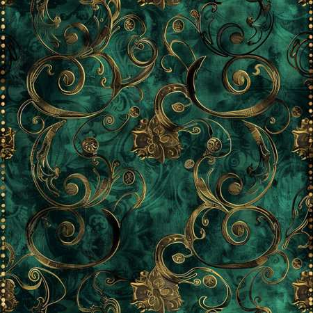 Seamless pattern with gold ornaments on turquoise backgroundの素材