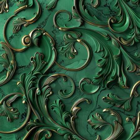 3D render of a decorative green background with gold elements and patternsの素材