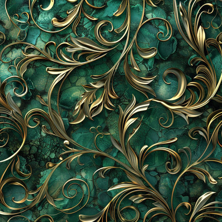 Seamless pattern with gold ornament on green background. Computer generated graphics.の素材