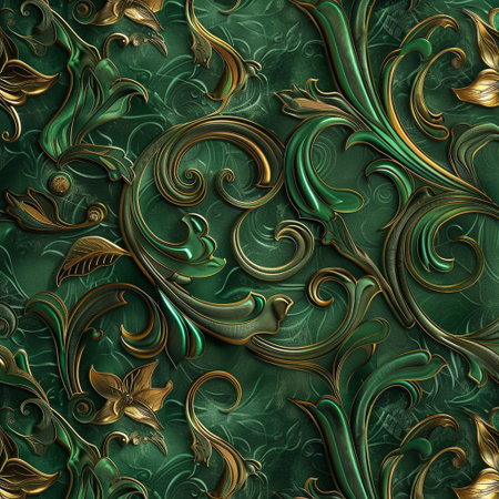 Seamless abstract floral pattern in green and gold. Computer generated graphics.の素材