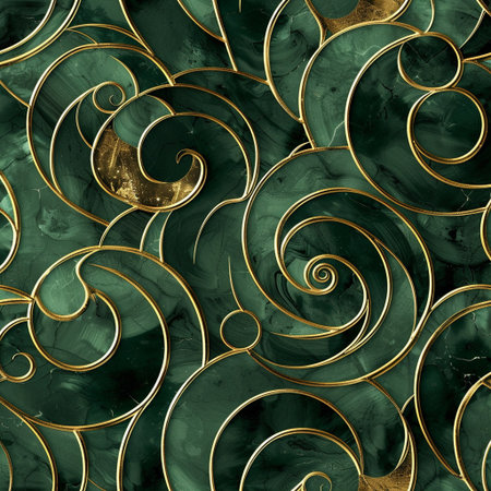 Seamless pattern with gold spirals on green marble texture.の素材