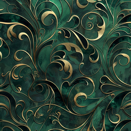 Seamless floral pattern with gold ornaments on green backgroundの素材
