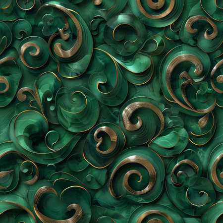 Seamless pattern of green and gold spirals. 3D renderingの素材