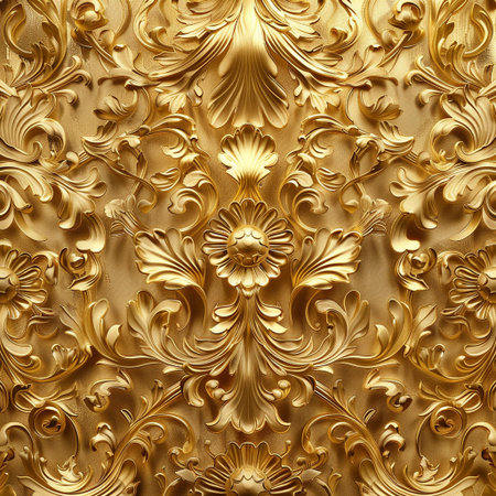 golden background with ornament in baroque style. 3d illustrationの素材