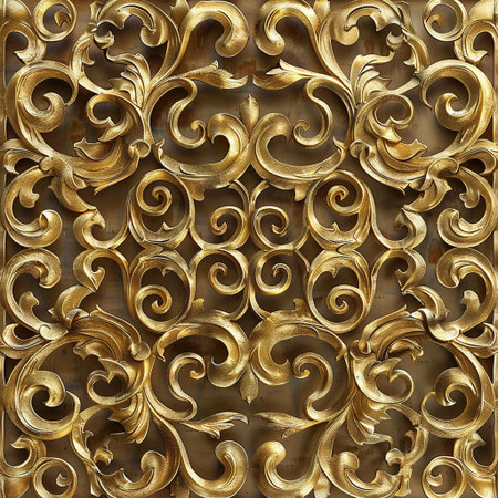 Seamless texture of gold baroque ornament on a stone wallの素材