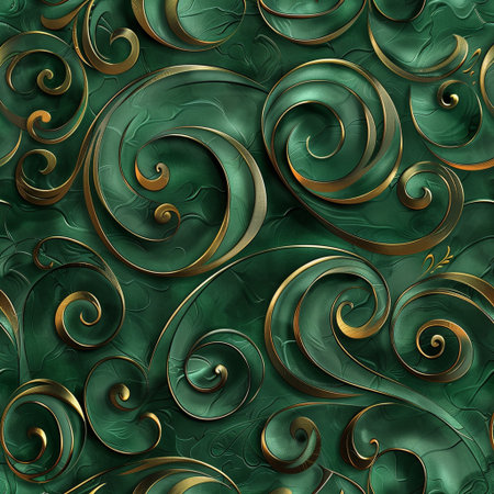 Seamless pattern of gold spirals on a green background.の素材