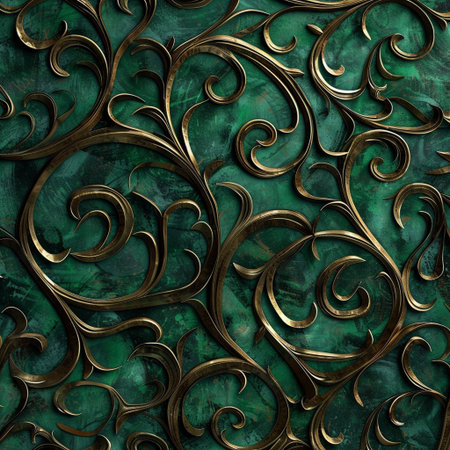 3d render of a green background with gold elements and ornamentsの素材