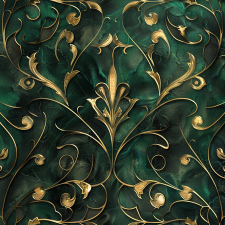 Seamless pattern with gold ornament on green background. Computer generated graphics.の素材