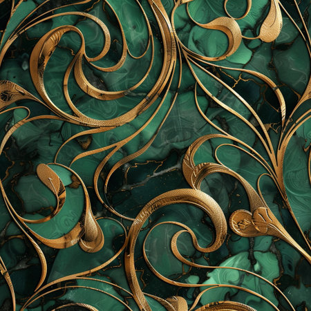 Seamless pattern with gold ornament on green marble. Computer generated graphics.の素材