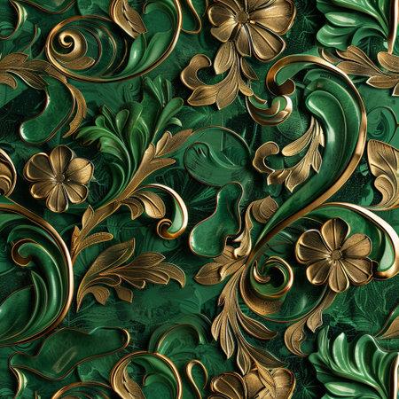 Seamless pattern with gold and green floral ornament. 3D renderingの素材