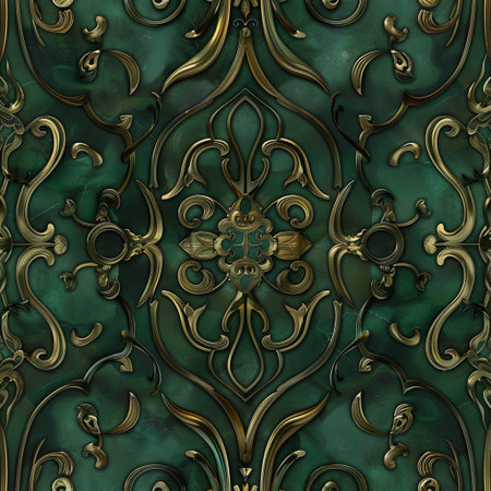 Seamless pattern with gold ornament on green background. 3D renderingの素材