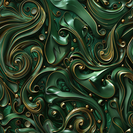 Seamless texture of green and gold spirals. Computer generated graphics.の素材