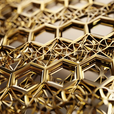 Abstract 3d rendering of golden hexagons. Computer generated background.の素材