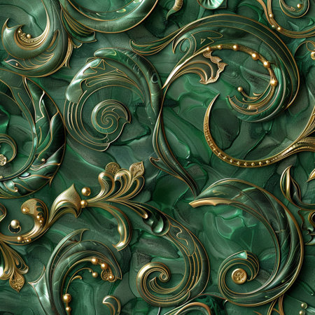 Seamless patterned background in green and gold. Computer generated graphics.の素材