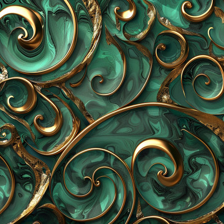 Seamless pattern with swirls in turquoise and gold colors. Computer generated graphics.の素材
