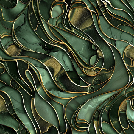 Abstract background with gold and green wavy ornament. Computer generated graphics.の素材