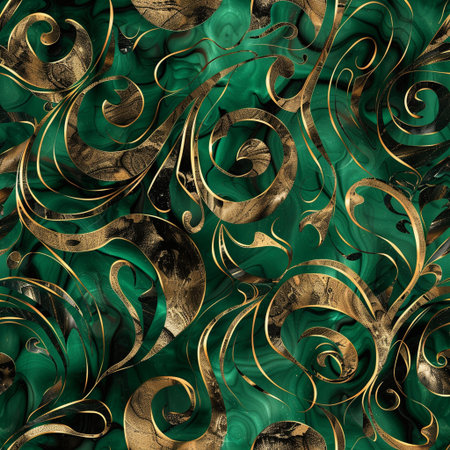 Seamless pattern with gold ornaments on a green backgroundの素材