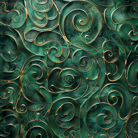 Seamless texture of green marble with golden spirals and curlsの素材
