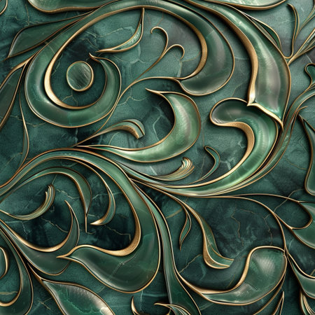 Seamless texture of green marble with gold pattern. Computer generated graphics.の素材
