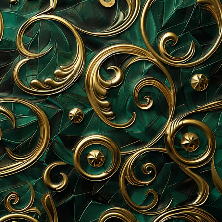3D render of a green metallic background with gold ornament on itの素材