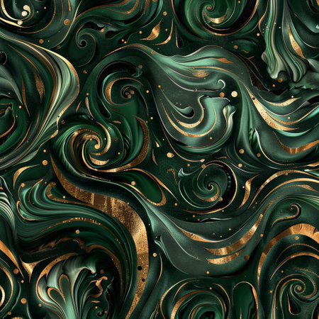 Seamless abstract marble pattern in gold, black and green colorsの素材