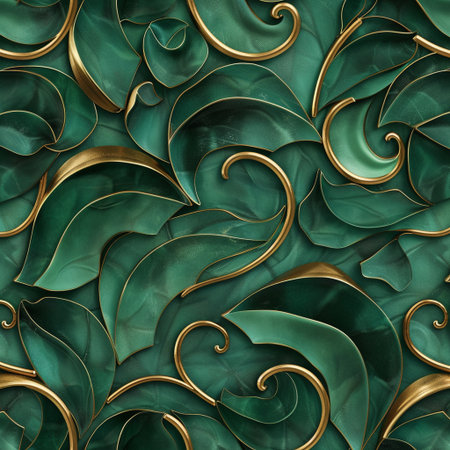 Seamless texture of green leaves with gold curls. 3D renderingの素材
