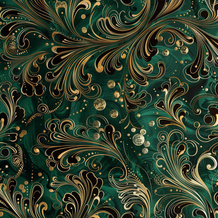 Seamless pattern with gold ornaments on a green backgroundの素材
