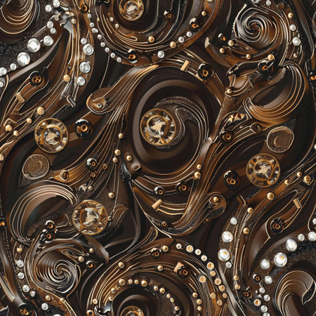 Seamless pattern of gold chains and precious stones on a black backgroundの素材