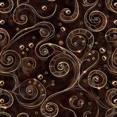 Luxury seamless pattern with gold swirls on brown background.の素材