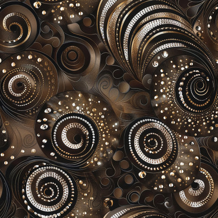 Seamless abstract pattern with circles and spirals in dark colorsの素材