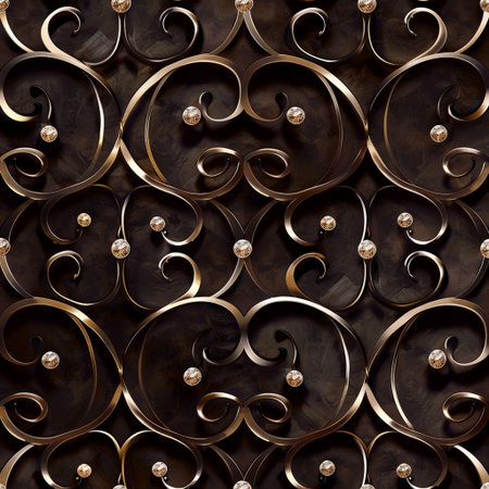 Seamless pattern of gold decorative elements on a dark background.の素材